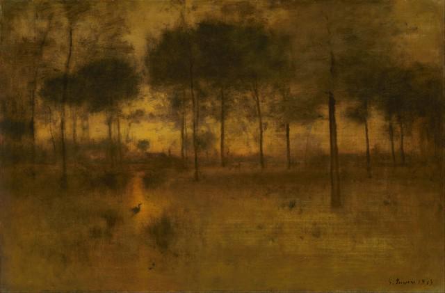 George Inness - The Home of the Heron: Artist: George Inness - Title: The Home of the Heron - Medium: Fine Art Giclee on Canvas - Image Size: Approximately 21 inches x 32 inches - Framed: Unframed on Unstretched Canvas - Biography: Althoug