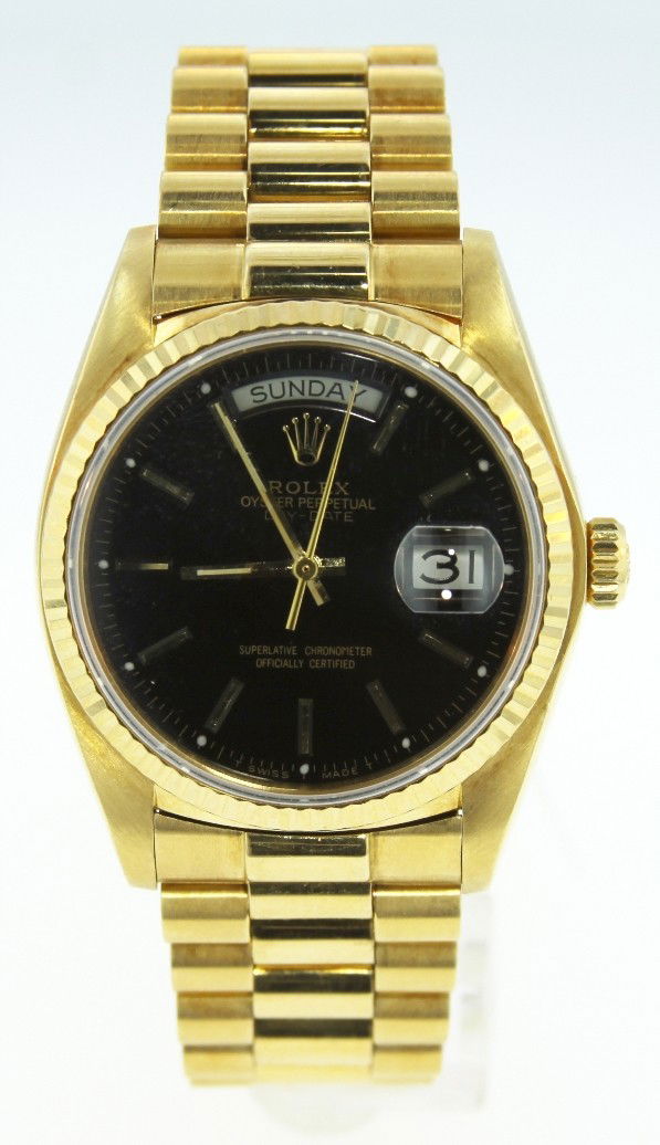 Gents Rolex 18KT Gold DayDate President Wristwatch WNK9: Gents Rolex 18KT Gold DayDate President Wristwatch WNK9. Excellent Condition! MV1586HA. One gents, hand crafted and machine milled Rolex President the DayDate model wristwatch electronically tested 18