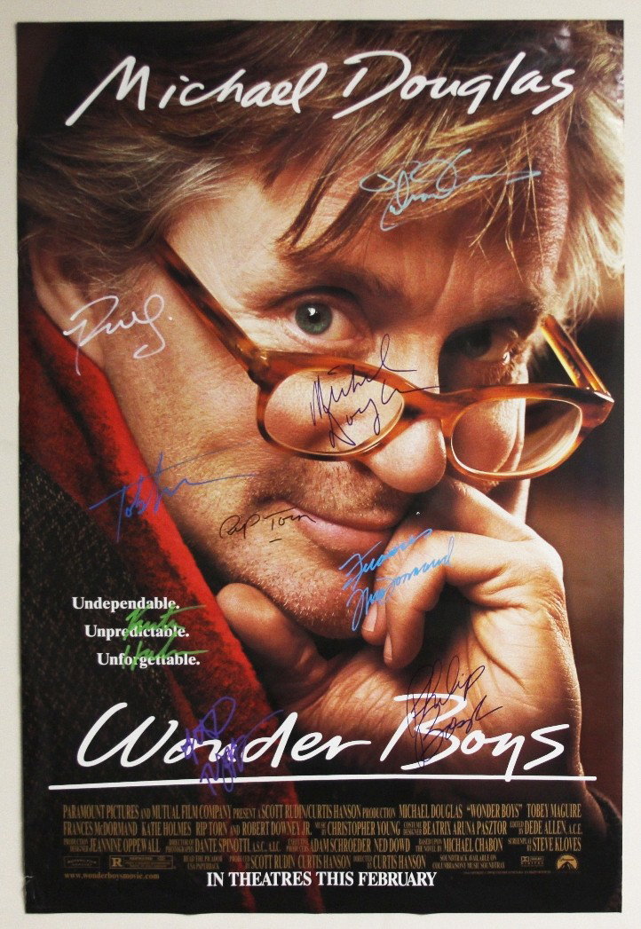 "Wonder Boys" Autographed Movie Poster SM39: Wonder Boys" Autographed Movie Poster SM39. As-Is Condition! MS15WA. This poster of the movie "Wonder Boys" is autographed by Michael Douglas, Rip Torn, Katie Holmes, Tobey Maguire, Robert Downey Jr.,