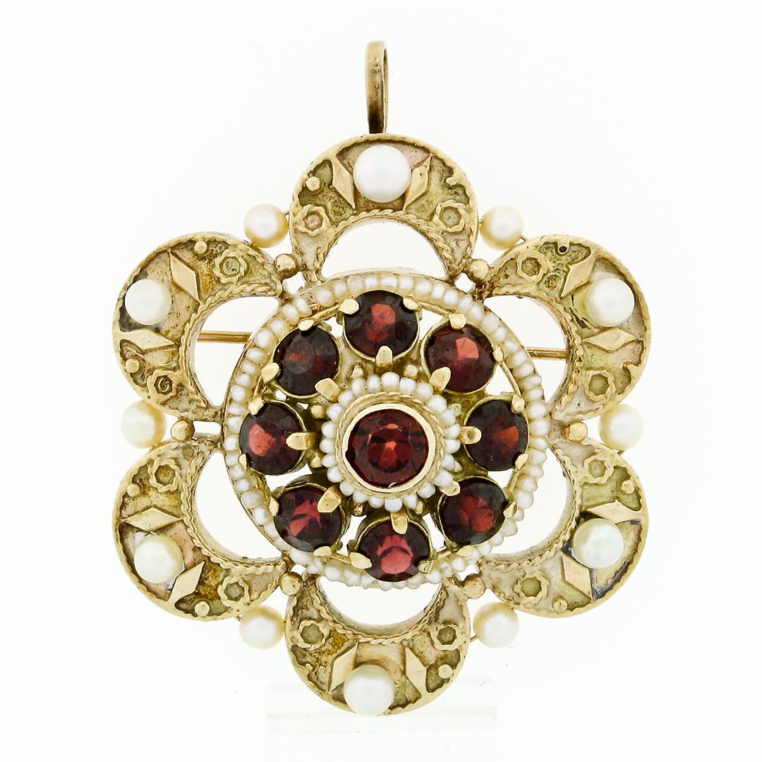 Vintage 14k Yellow Gold 2.25 ctw Garnet Pearl Crescent Cluster Brooch Pin Pendan: A vintage solid 14k yellow gold brooch or pendant with 9 old round cut natural garnets (2.25ctw) surrounded by 12 round white cultured pearls (3 to 3.5mm). Measures 39.7x36.4mm and weighs a total of 1