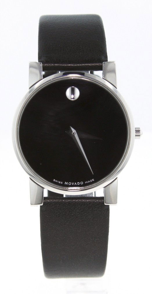 Ladies Movado Watch Black Dial Museum Leather Strap A33: Ladies Movado Watch Black Dial Museum Leather Strap A3359. Like-New Condition! IS102AR. This ladies Movado watch features a black dial with Movado's signature dot, a polished and brushed stainless ste