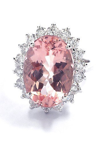 14KT White Gold 5.54ct Morganite and Diamond Ring A3454: 14KT White Gold 5.54ct Morganite and Diamond Ring A3454. New Condition! QN698VE. One electronically tested 14KT white gold ladies cast morganite and diamond ring. Good workmanship. The featured morgan