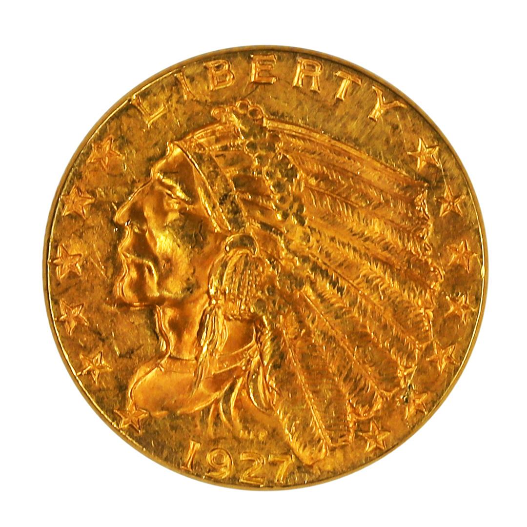 1927 $2.5 Indian Head Quarter Eagle Gold Coin CU: One 1927 $2.5 Indian Head Quarter Eagle Gold Coin CU.