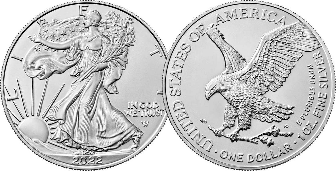 2022 American Silver Eagle .999 Fine Silver Dollar Coin: One 2022 American Silver Eagle .999 Fine Silver Dollar Coin.