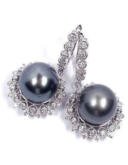 14KT White Gold Tahitian Pearl and Diamond Earrings A33: "14KT White Gold Tahitian Pearl and Diamond Earrings A3372. New Condition! HB3151SH. One pair of electronically tested 14KT white gold ladies cast and assembled Tahitian cultured pearl and diamond ear