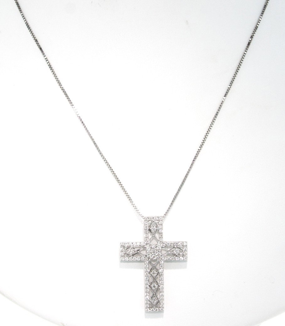 14KT White Gold .8ct Diamond Cross Pendant and Chain FJ: "14KT White Gold .8ct Diamond Cross Pendant and Chain FJM644. Excellent Condition! TB145EE. One 14KT white gold Michael Christoff diamond cross pendant. Features 87 round diamonds weighing a total of 