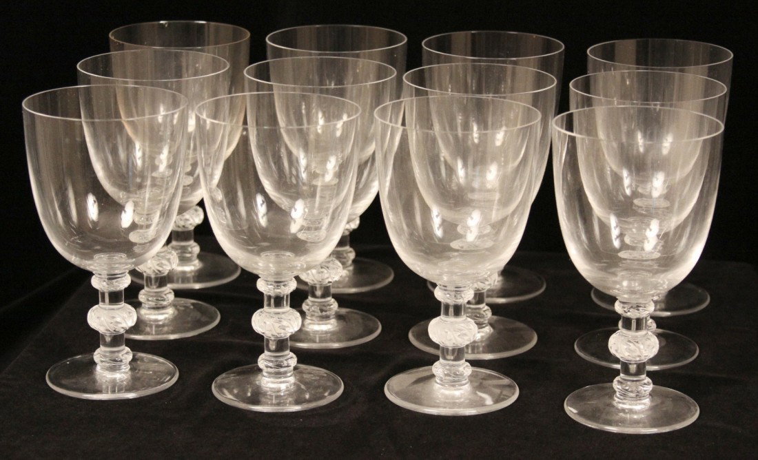 Exquisite Lalique Saint Hubert Water Goblets WBL37: "Exquisite Lalique Saint Hubert Water Goblets WBL37. Excellent Condition! MD1081SH. These are 12 Renee Lalique water goblets in the Saint Hubert pattern. Highly desirable and classically elegant, thes