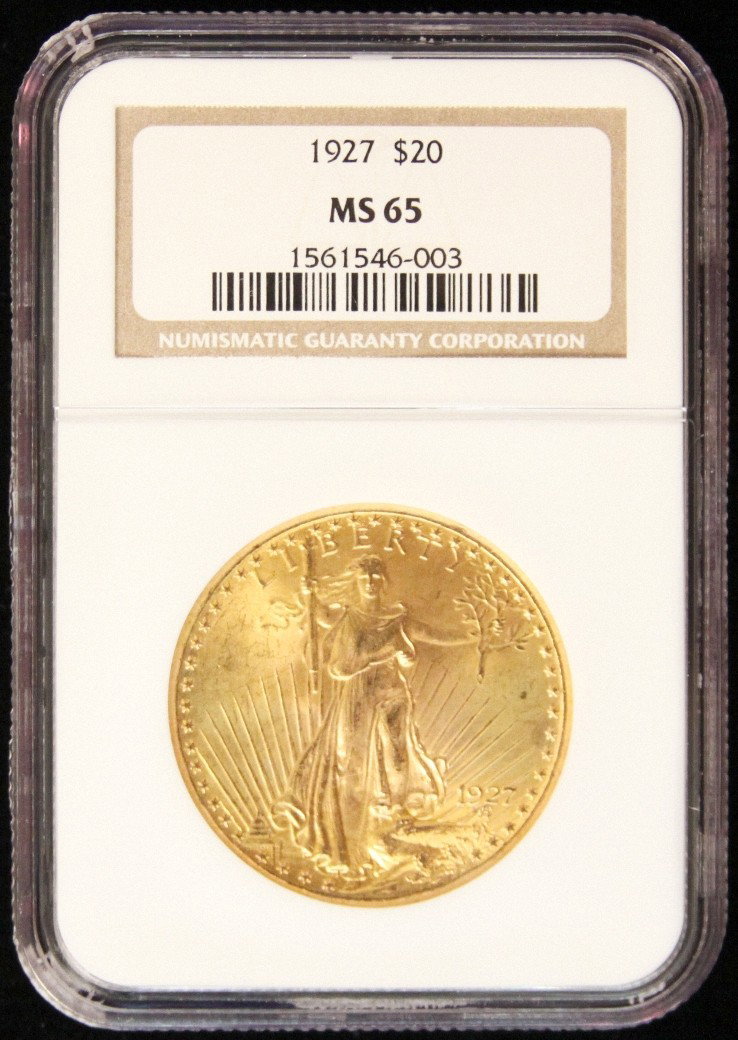 1927 $20 NGC MS65 St. Gaudens Double Eagle Gold Coin GF: "1927 $20 NGC MS65 St. Gaudens Double Eagle Gold Coin GFR5. As-Is Condition! SP1932AH. 1927 $20 NGC MS65 St. Gaudens Double Eagle Gold Coin. Thank you for viewing this lot. We are always adding new in