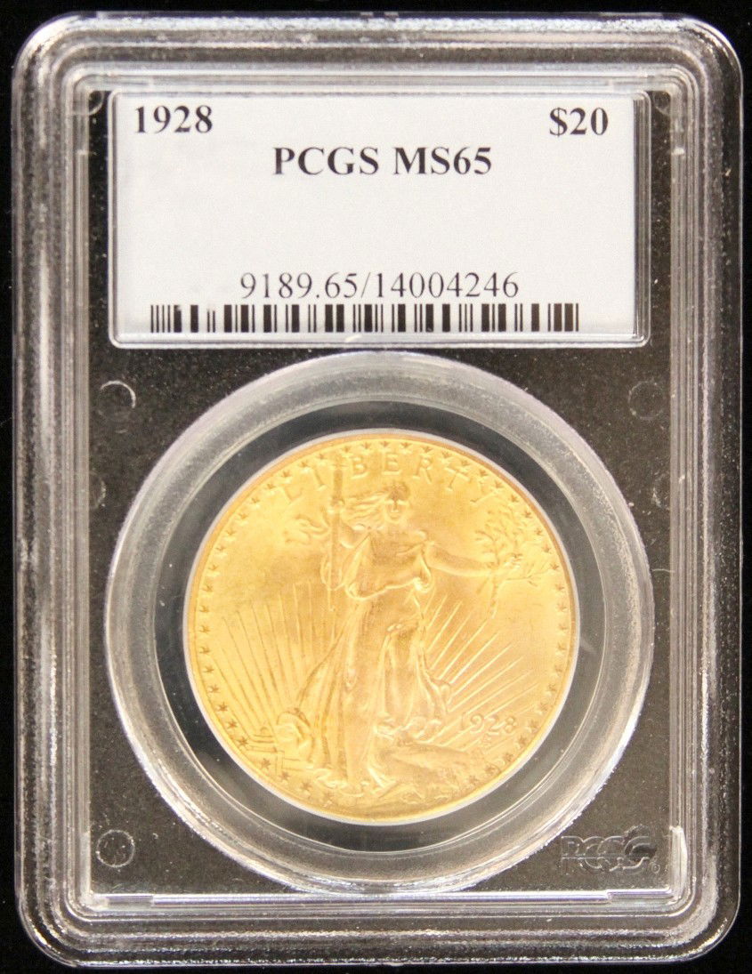 1928 $20 PCGS MS65 St. Gaudens Double Eagle Gold Coin G: "1928 $20 PCGS MS65 St. Gaudens Double Eagle Gold Coin GOP14. As-Is Condition! FV1732RM. 1928 $20 PCGS MS65 St. Gaudens Double Eagle Gold Coin. Thank you for viewing this lot. We are always adding new