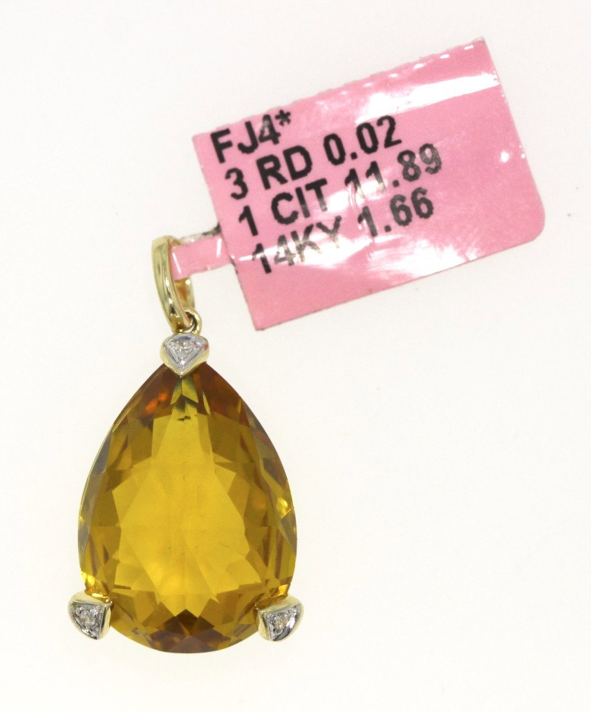 14KT Yellow Gold 11.89ct Citrine and Diamond Pendant FJ: 14KT Yellow Gold 11.89ct Citrine and Diamond Pendant FJM839. Excellent Condition! QT411SU. One 14KT yellow gold citrine and diamond pendant. Features one citrine weighing 11.89cts accented by 3 round 