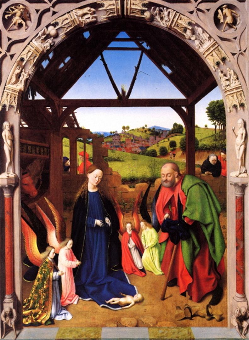 Petrus Christus - Birth of Christ: Artist: Petrus Christus - Title: Birth of Christ - Medium: Fine Art Giclee on Canvas - Image Size: Approximately 32 inches x 23.5 inches - Unframed on Unstretched Canvas - Biography: Petrus Christus (