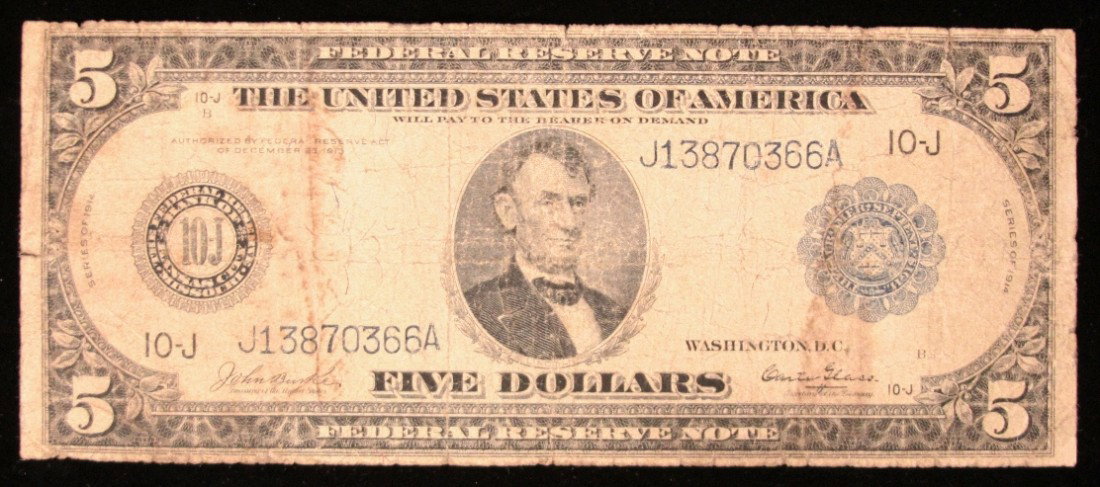 1914 $5 Blue Seal FRN Kansas City Burke/Glass PM2017: "1914 $5 Blue Seal FRN Kansas City Burke/Glass PM2017. As-Is Condition! RA19GN. 1914 $5 Blue Seal Federal Reserve Note Kansas City Burke/Glass. Thank you for viewing this lot. We are always adding new