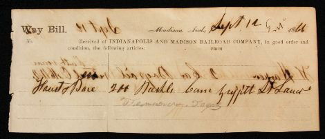1866 Indianapolis & Madison Railroad Co. Way Bill Note.: "1866 Indianapolis & Madison Railroad Co. Way Bill Note. PM1710. As-Is Condition! KJ51DS. September 12, 1866 Indianapolis & Madison Railroad Company Way Bill Note. "Received of Indianapolis and Madiso