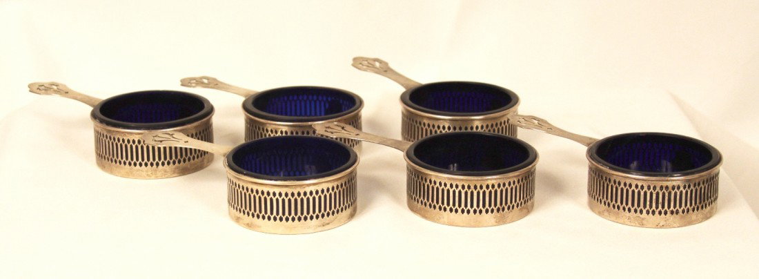 Antique Set of 6 Sterling Silver and Cobalt Glass Open : "Antique Set of 6 Sterling Silver and Cobalt Glass Open Salt Cellars ED1231. Good Condition! SW101NI. This is a rare set of 6 sterling silver cobalt glass open salt cellars made by Wallace & Sons Silv