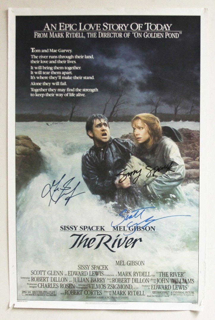 "The River" Autographed Movie Poster SM42: The River" Autographed Movie Poster SM42. As-Is Condition! TS15BT. This poster of the movie "The River" is autographed by Mel Gibson, Sissy Spacek, AND Scott Glenn! Unframed. Thank you for viewing thi