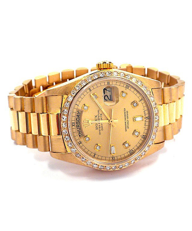 Gents Rolex 18KT Gold DayDate Wristwatch A3430: Gents Rolex 18KT Gold DayDate Wristwatch A3430. Great Condition! CV1507AC. One gents, hand crafted and machine milled Rolex DayDate Model The President wristwatch electronically tested 18KT yellow gol