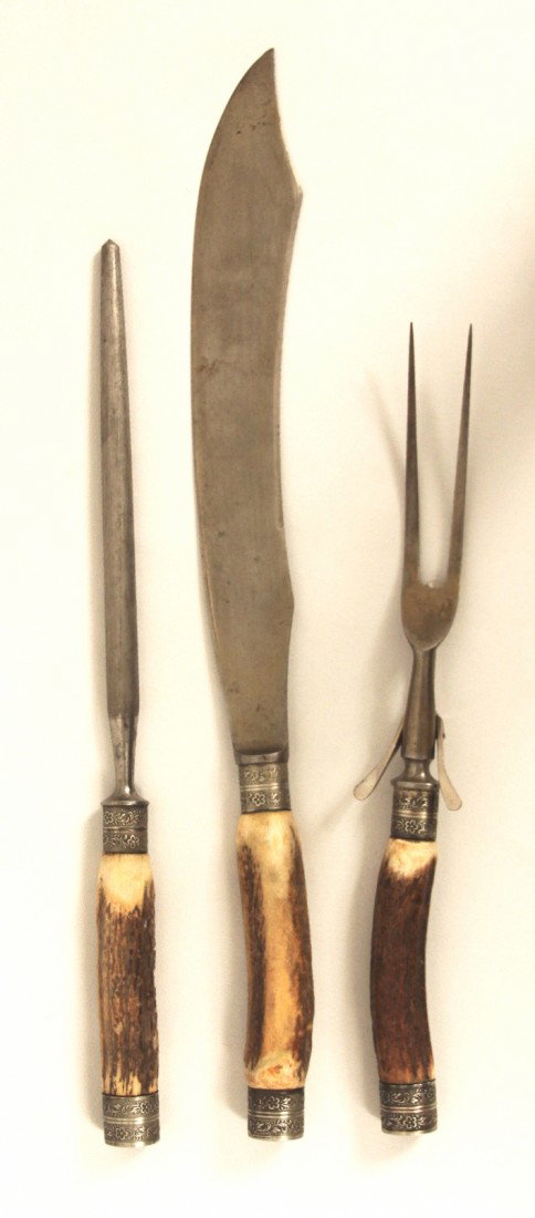 Antique Landers Carving Set-Stag Handle ED1219: Antique Landers Carving Set-Stag Handle ED1219. Good Condition! PK15CB. This is an antique deer stag horn handle carving set by Landers-Frary-Clark-hallmarked. Circa 1890. Rare - hard to find set - ki