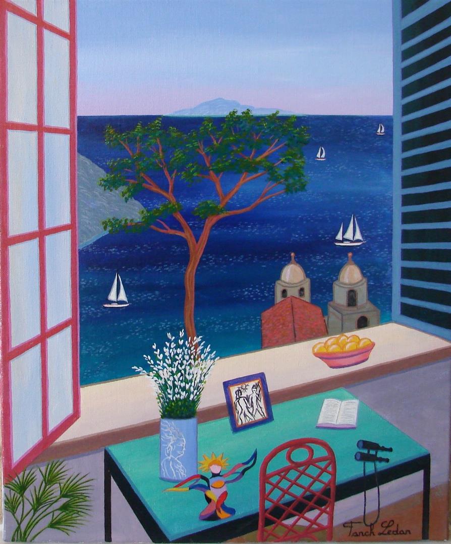 Window on the Mediterannean by Fanch Ledan Original: A classic Fanch Ledan image, this 15x18.25" original acrylic on canvas comes stretched, with a COA from the Artist,