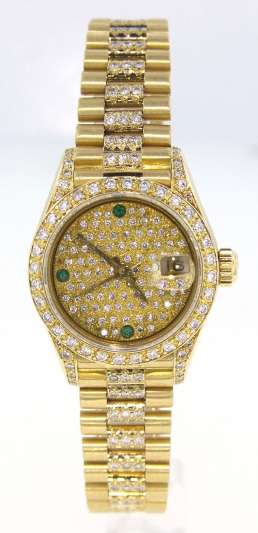 Ladies 18KT Gold Rolex Diamond Wristwatch A3383: "Ladies 18KT Gold Rolex Diamond Wristwatch A3383. Excellent Condition! HA1536UT. One ladies, hand crafted and machine milled Rolex Lady President, the DateJust model, wristwatch electronically tested