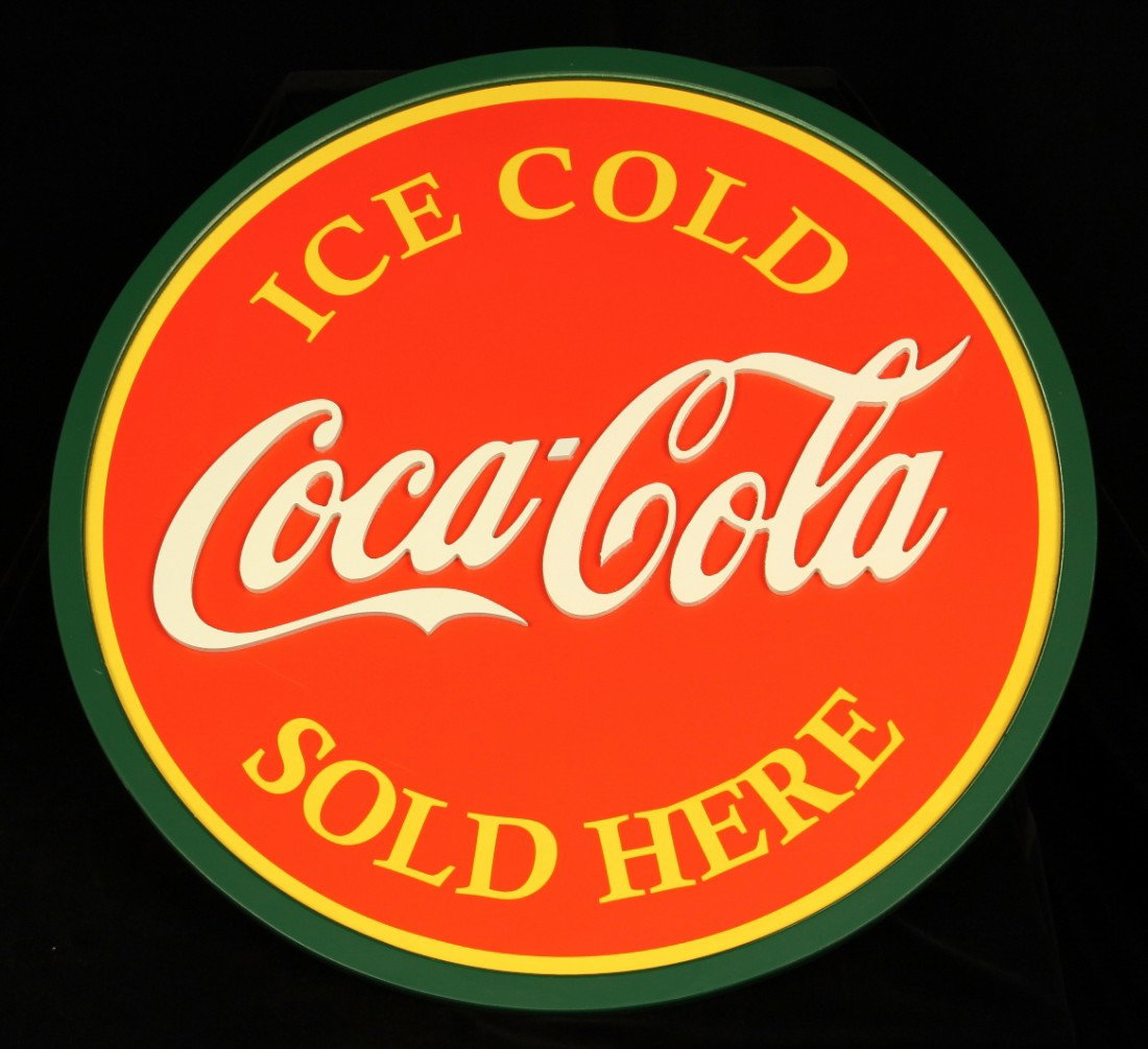 "Ice Cold Coca-Cola Sold Here" Sign GM12: ""Ice Cold Coca-Cola Sold Here" Sign GM12. Excellent Condition! JD32RD. One "Ice Cold Coca-Cola Sold Here" sign measuring 18" diameter. Thank you for viewing this lot! We are always adding new invento