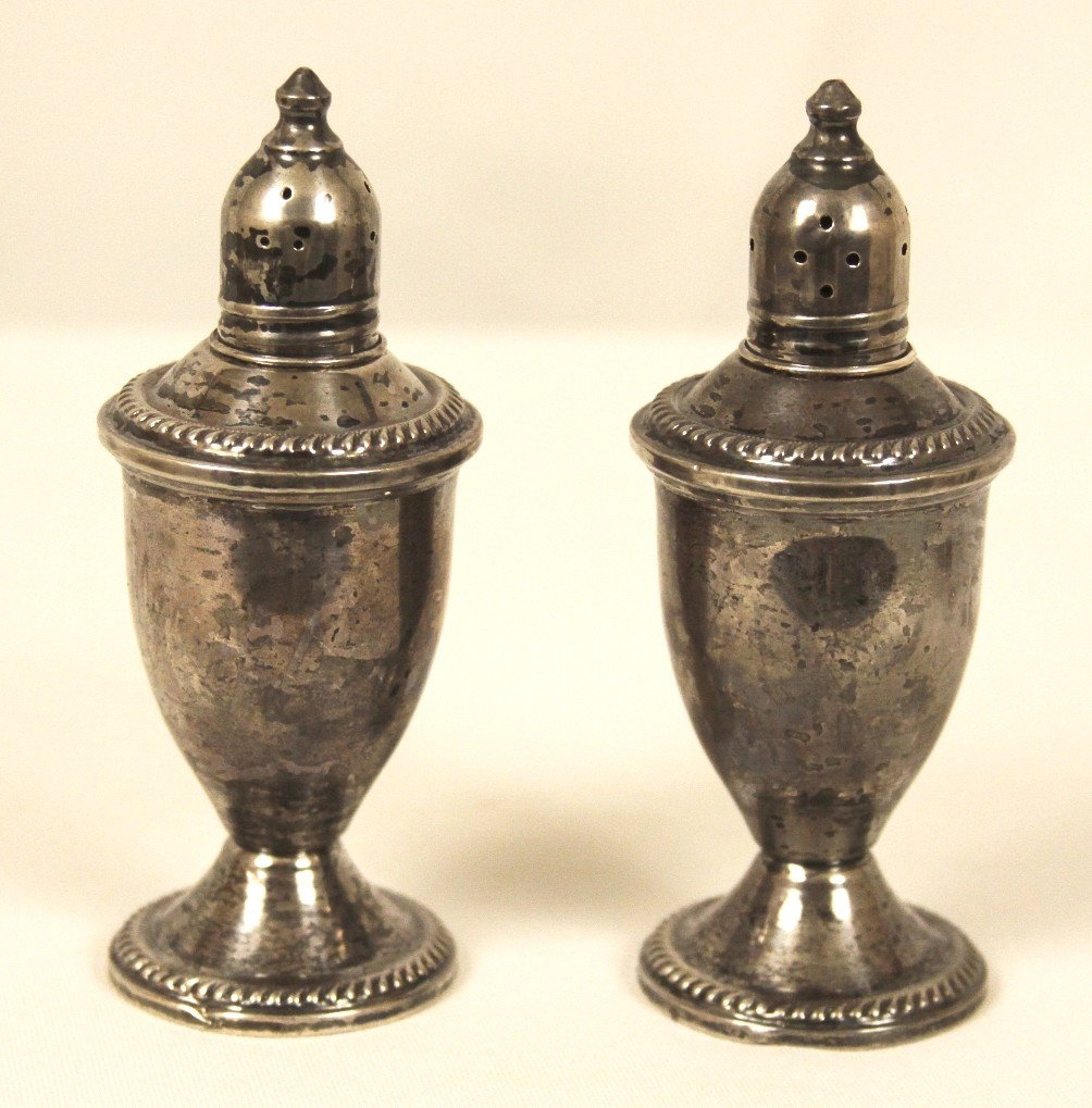 Antique Duchin Sterling Silver Salt and Pepper Shakers : "Antique Duchin Sterling Silver Salt and Pepper Shakers ED1223. Good Condition! HS15JQ. This is a beautiful set of sterling silver salt and pepper shakers made by DUCHIN, NEW YORK. They are made of gl