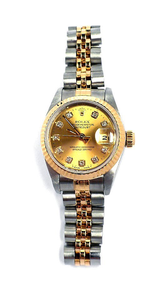 Lady Rolex Two-Tone DateJust Wristwatch A3580: Lady Rolex Two-Tone DateJust Wristwatch A3580. Great Condition! RL1661DA. One ladies, hand crafted and machine milled Rolex DateJust Model Stainless Steel and 18KT yellow gold wristwatch electronicall