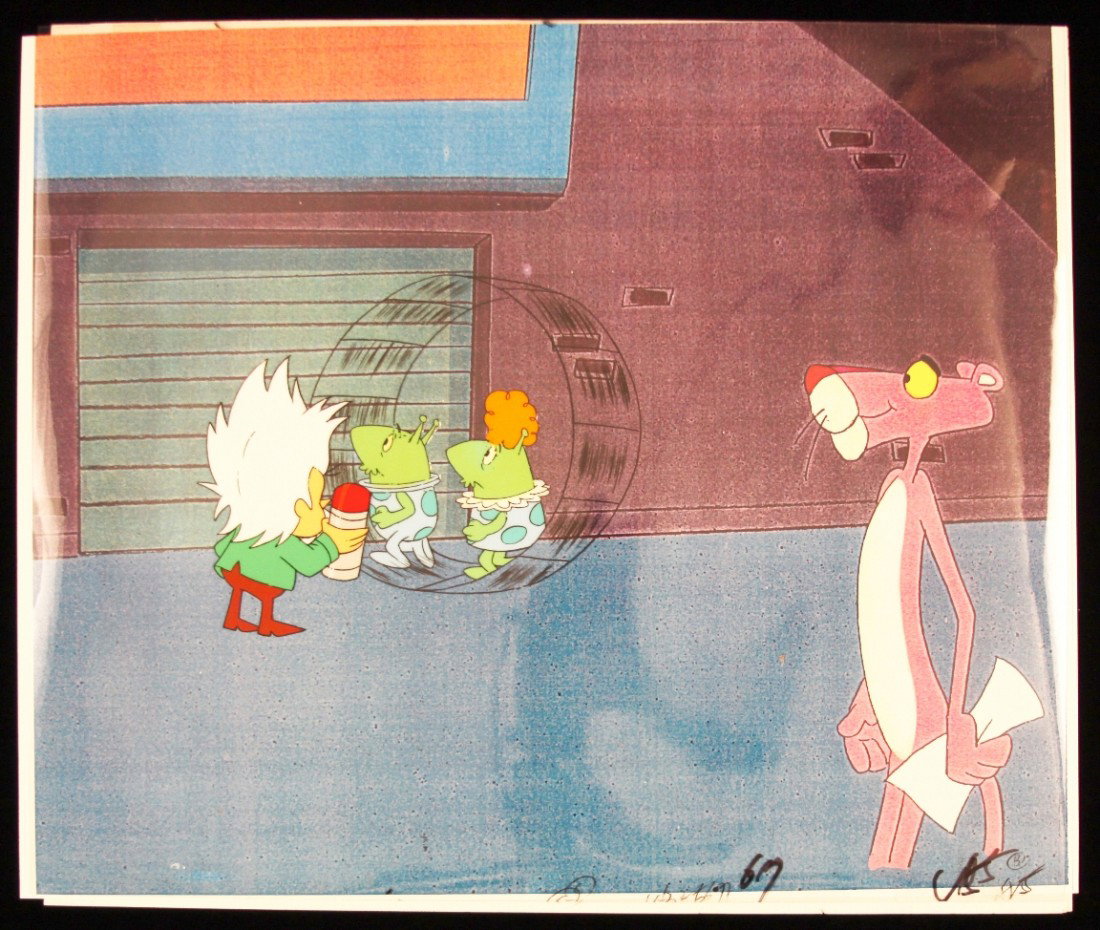 Pink Panther "Supporting Characters" Cartoon Cel and Dr: Pink Panther Supporting Characters" Cartoon Cel and Drawing PinkP63. As-Is Condition! MU61ES. An original "Supporting Characters" cartoon Cel from The Pink Panther films created by Friz Freleng and MG