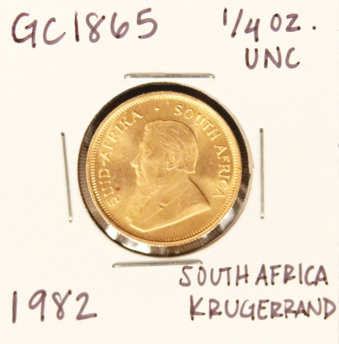 1982 South African Krugerrand Gold Coin GC1865: 1982 South African Krugerrand Gold Coin GC1865. As-Is Condition! IS625CU. 1982 South African Krugerrand 1/4 oz. UNC. Thank you for viewing this lot. We are always adding new inventory and new auctions