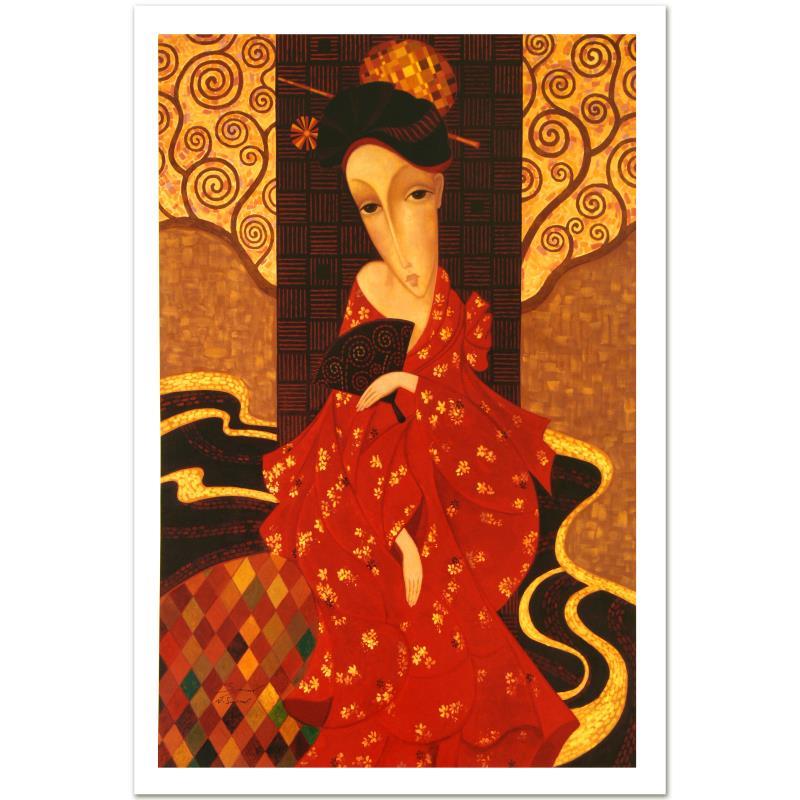 Geisha In Red by Smirnov (1953-2006): Geisha In Red by Smirnov (1953-2006). Combining time-honored religious icon painting with western style portraiture, the hauntingly beautiful art of Sergey Smirnov (1953-2006) is inspired by the 'Pars