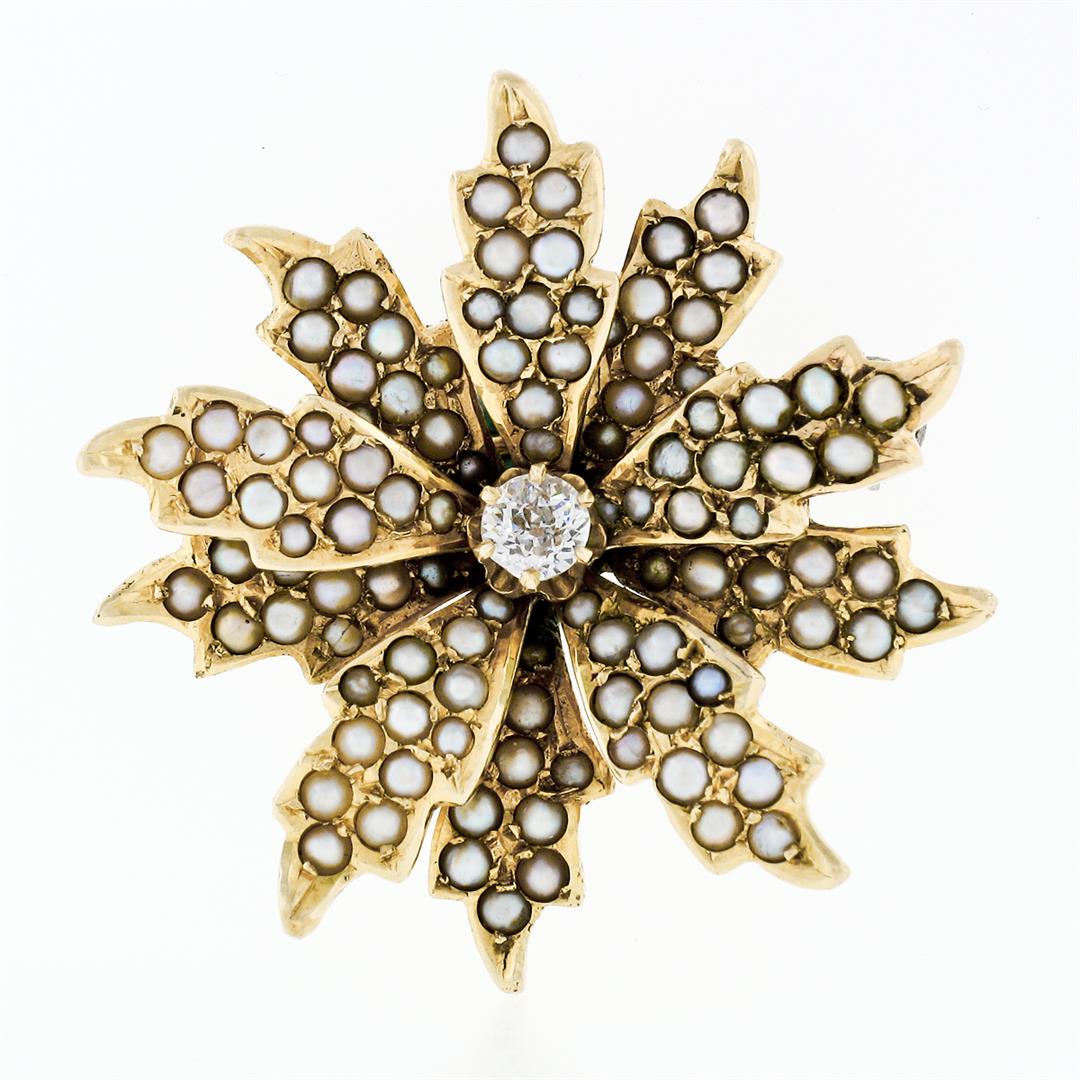 Antique Victorian 14k Gold Diamond & Seed Pearl Leaf Flower Brooch Pin Pendant: An antique solid 14k yellow gold leaf flower brooch pendant, with 1 old mine cut natural diamond (G - SI1 ; 0.20ct), and 110 round shape natural seed pearls (1.35 - 1.75mm). Measures 29.70x29.20mm and