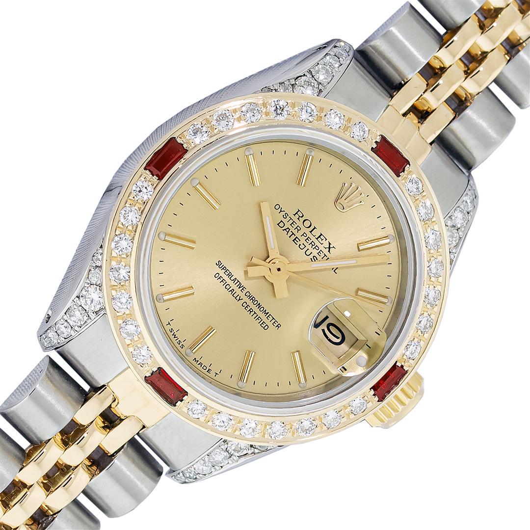 Rolex Ladies 2T Quickset Champagne Dial Diamond Lugs & Ruby Bezel Datejust: Rolex Ladies Pre Owned Quickset 18K Yellow Gold and Stainless Steel Two Tone Wristwatch Polished Bright with Satin Finish, Serviced & Electronically Tested, Rolex Stainless Steel Case: 26mm, Custom Di