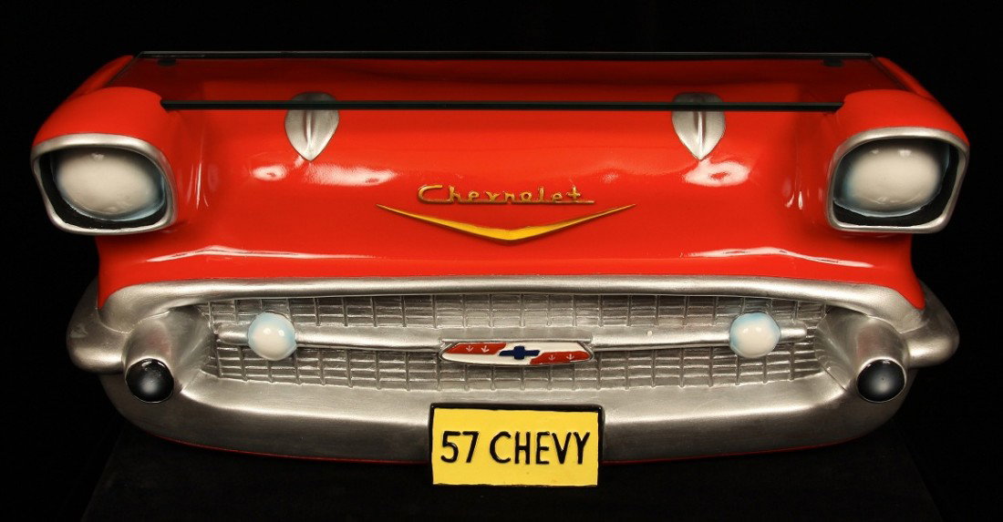 57' Bel Air Front End 3D Hanging Shelf GM2: "57' Bel Air Front End 3D Hanging Shelf GM2. Excellent Condition! KS15KD. One hanging tempered glass shelf supported by a hand painted red 3D 1957 Chevrolet Bel Air front end. Dimensions: 19" length X