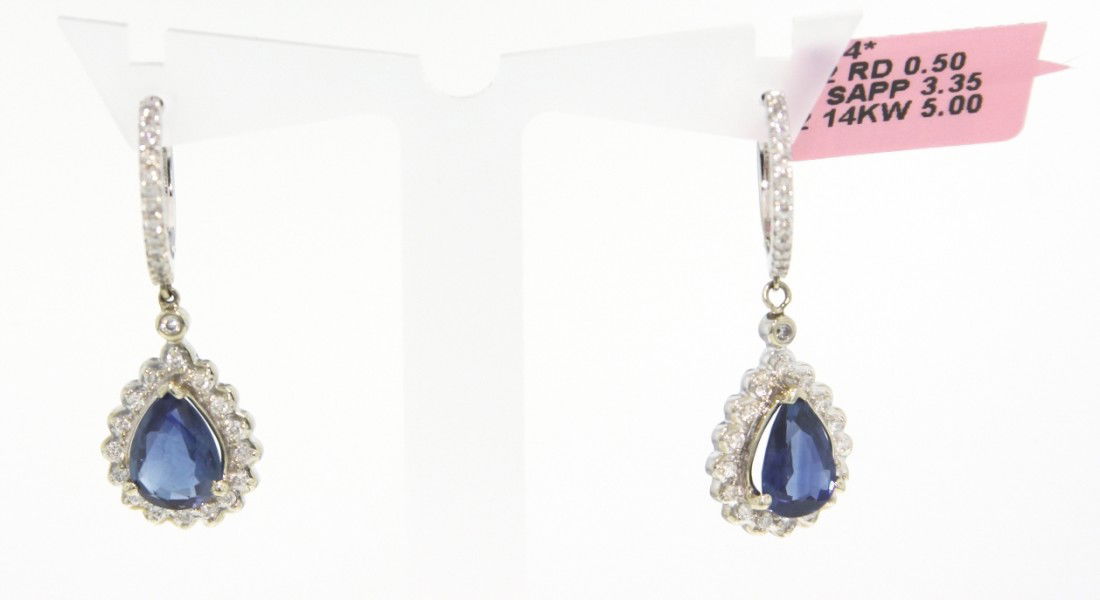 14KT White Gold 3.35ct Sapphire and Diamond Drop Earrin: "14KT White Gold 3.35ct Sapphire and Diamond Drop Earrings FJM1029. Excellent Condition! MR127QH. One pair of 14KT white gold sapphire and diamond drop earrings with a hinged clasp back. The pair feat