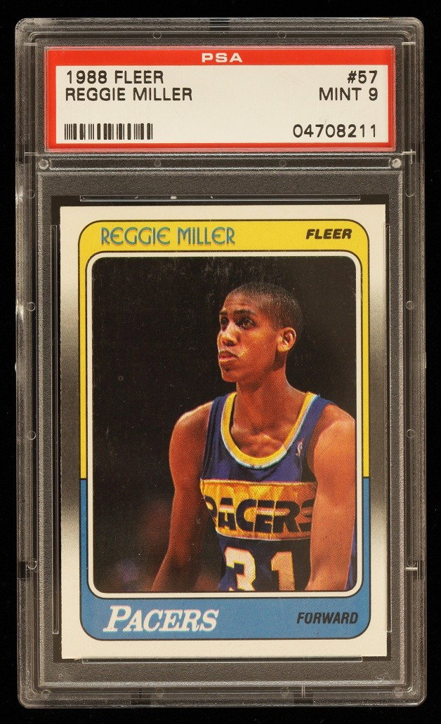 1988 Fleer Reggie Miller Rookie Card C276: "1988 Fleer Reggie Miller Rookie Card C276. As-Is Condition! II62KG. One 1988 Fleer Reggie Miller Rookie Card #57. PSA Graded: 9. Team: Indiana Pacers. Thank you for viewing this lot. We are always ad