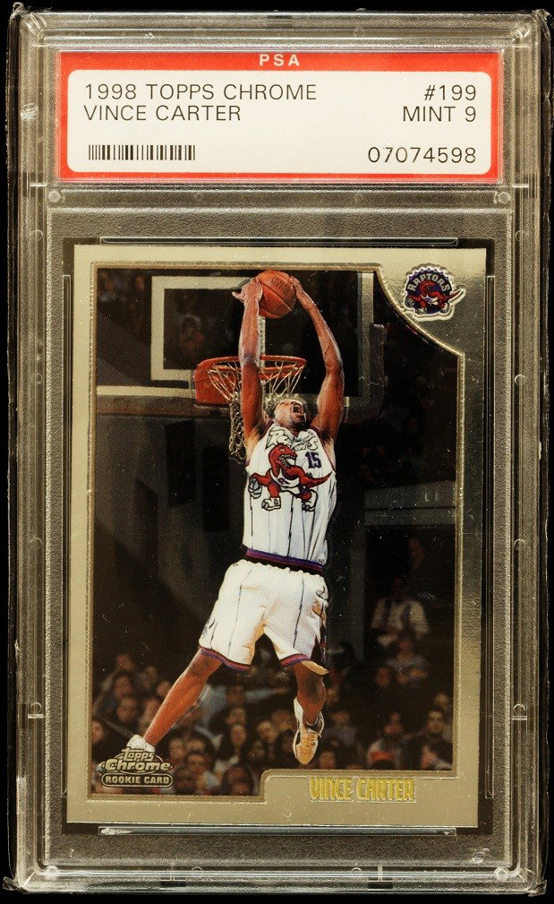 1998 Topps Chrome Vince Carter Rookie Card C226: "1998 Topps Chrome Vince Carter Rookie Card C226. As-Is Condition! VZ12UU. One 1998 Topps Chrome Vince Carter Rookie Card #199. PSA Graded: 9. Team: Toronto Raptors. Thank you for viewing this lot. We