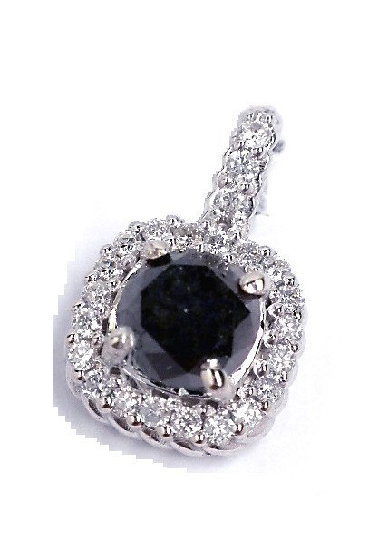 14KT White Gold .94ct Black and White Diamond Pendant J: "14KT White Gold .94ct Black and White Diamond Pendant J36. New Condition! PT323DV. One electronically tested 14KT white gold ladies cast black and white diamond pendant. Good workmanship. The feature