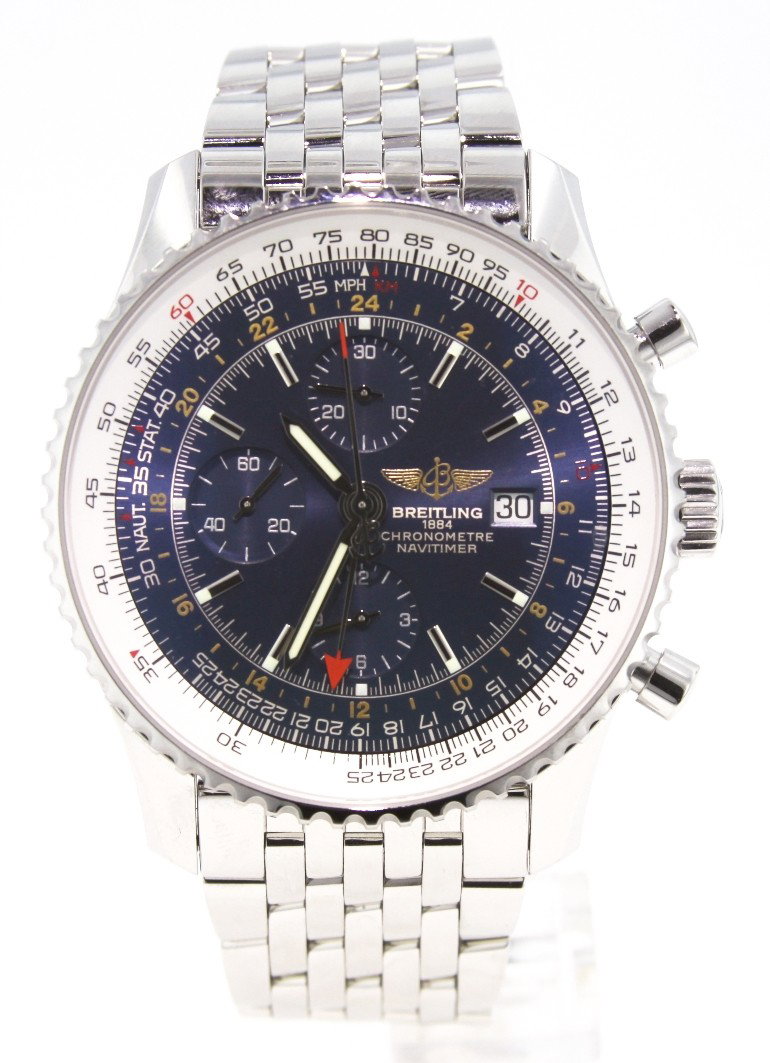 Breitling Navitimer World Automatic Chronograph Watch A: "Breitling Navitimer World Automatic Chronograph Watch A3568. Excellent Condition! WA1573TM. One gents Breitling Navitimer Automatic Chronograph watch. Clasp: Deployment Clasp. Case Material: Stainles