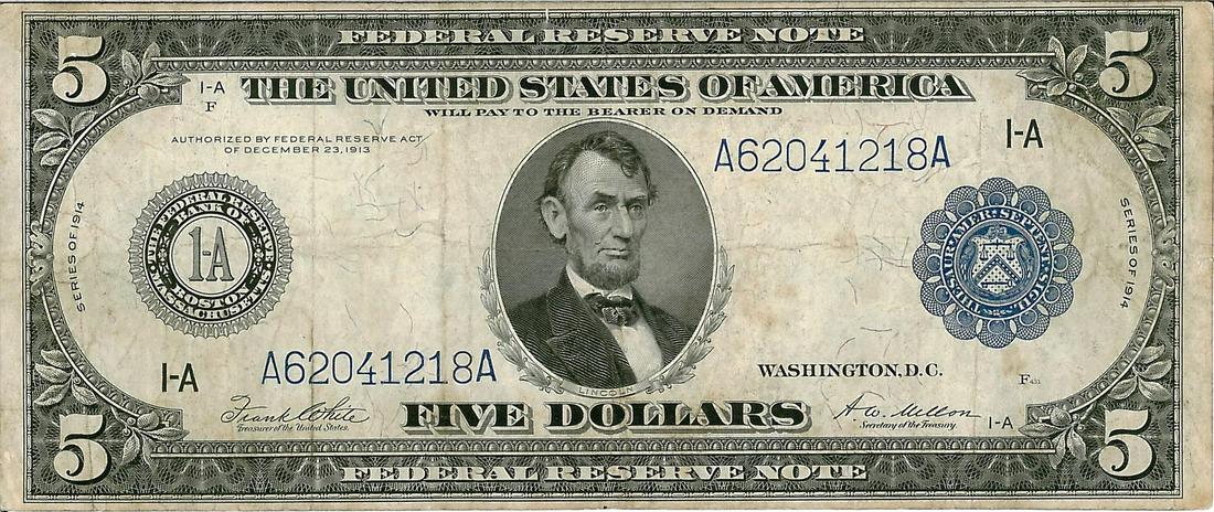 1914 $5 Federal Reserve Bank Note: One 1914 $5 Federal Reserve Bank Note. The serial number is 62041218.