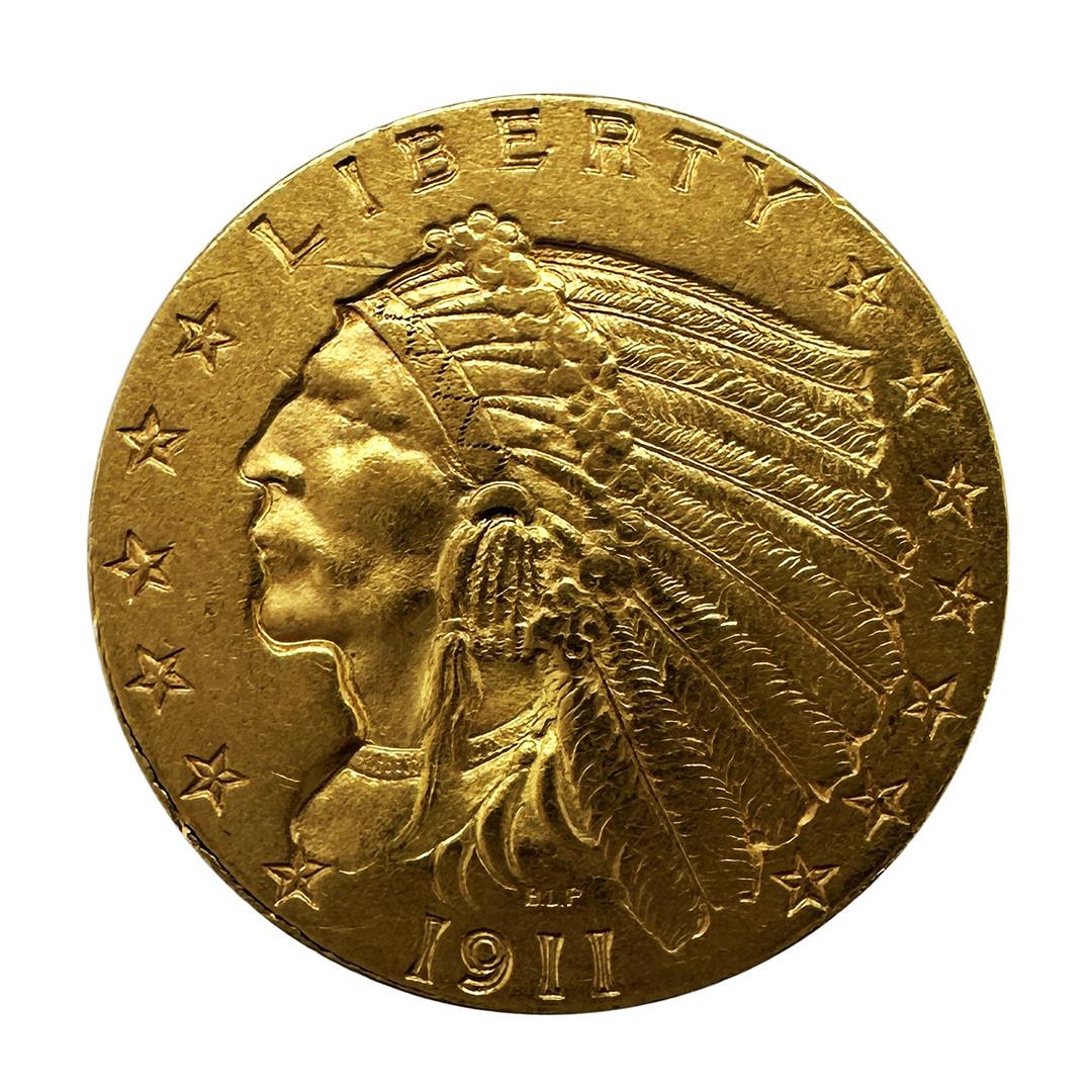 1911 $2.5 Indian Head Quarter Eagle Gold Coin CU: One 1911 $2.5 Indian Head Quarter Eagle Gold Coin CU.