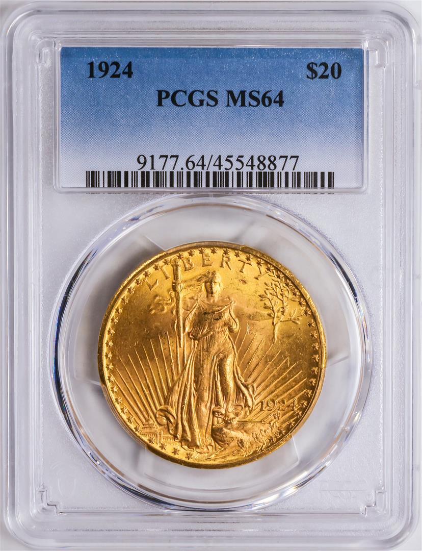 1924 $20 St. Gaudens Double Eagle Gold Coin PCGS MS64: One 1924 $20 St. Gaudens Double Eagle Gold Coin PCGS MS64.