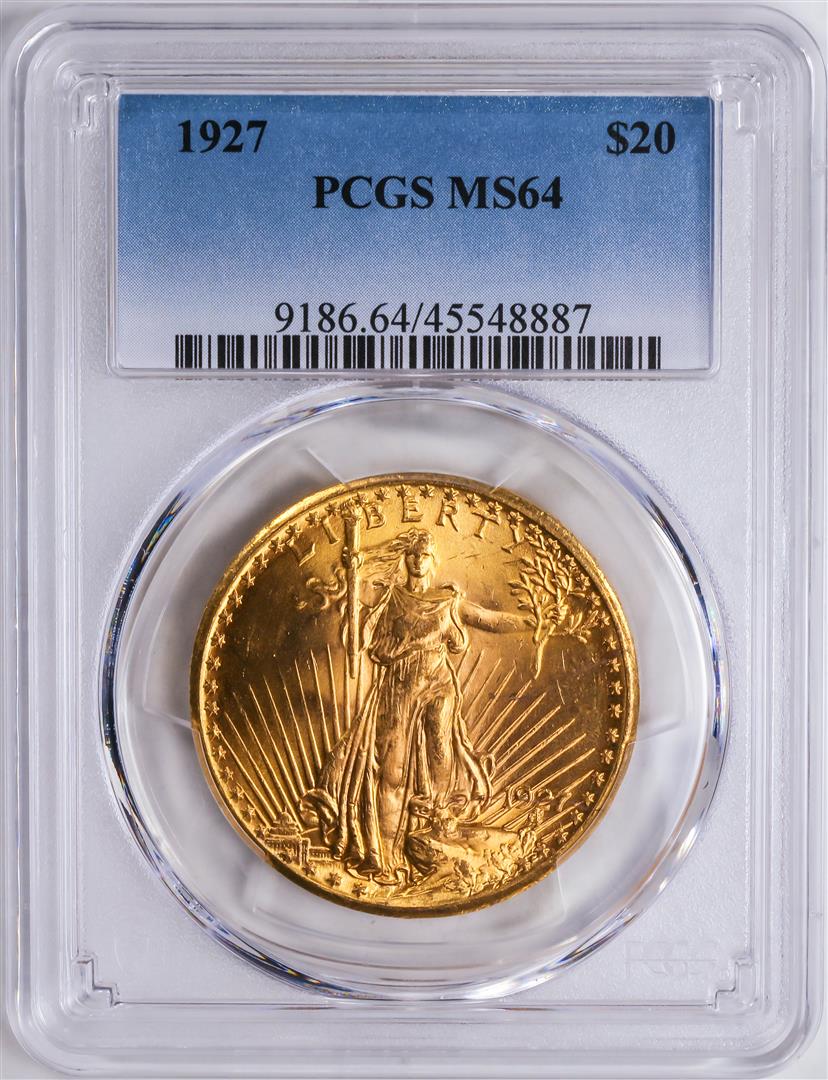 1927 $20 St. Gaudens Double Eagle Gold Coin PCGS MS64: One 1927 $20 St. Gaudens Double Eagle Gold Coin PCGS MS64.