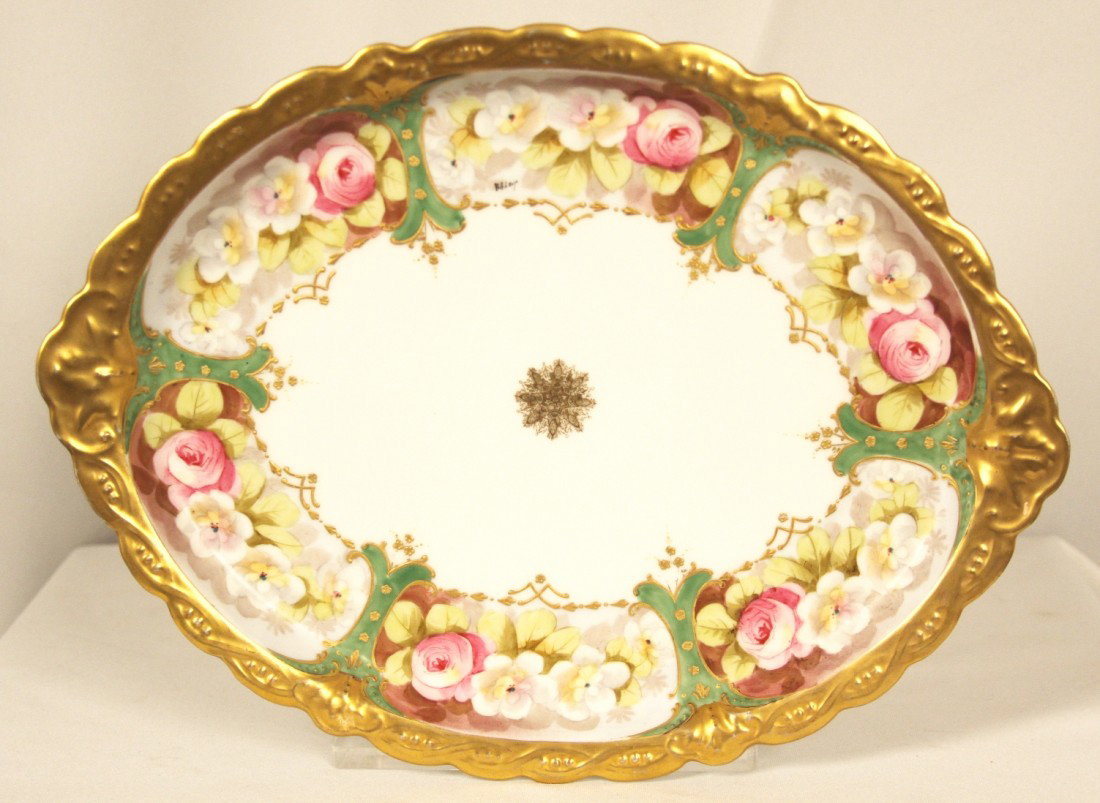 Antique Limoges Hand Painted Large Tray ED1245: Antique Limoges Hand Painted Large Tray ED1245. Good Condition! BV101TG. Antique Limoges hand painted and artist signed tray. Measures 10 x 13". Made by Straus, Lewis & Sona mark in red 1890-1920. Bea