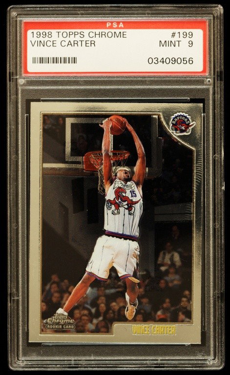 1998 Topps Chrome Vince Carter Rookie Card C228: 1998 Topps Chrome Vince Carter Rookie Card C228. As-Is Condition! XS12JI. One 1998 Topps Chrome Vince Carter Rookie Card #199. PSA Graded: 9. Team: Toronto Raptors. Thank you for viewing this lot. We 