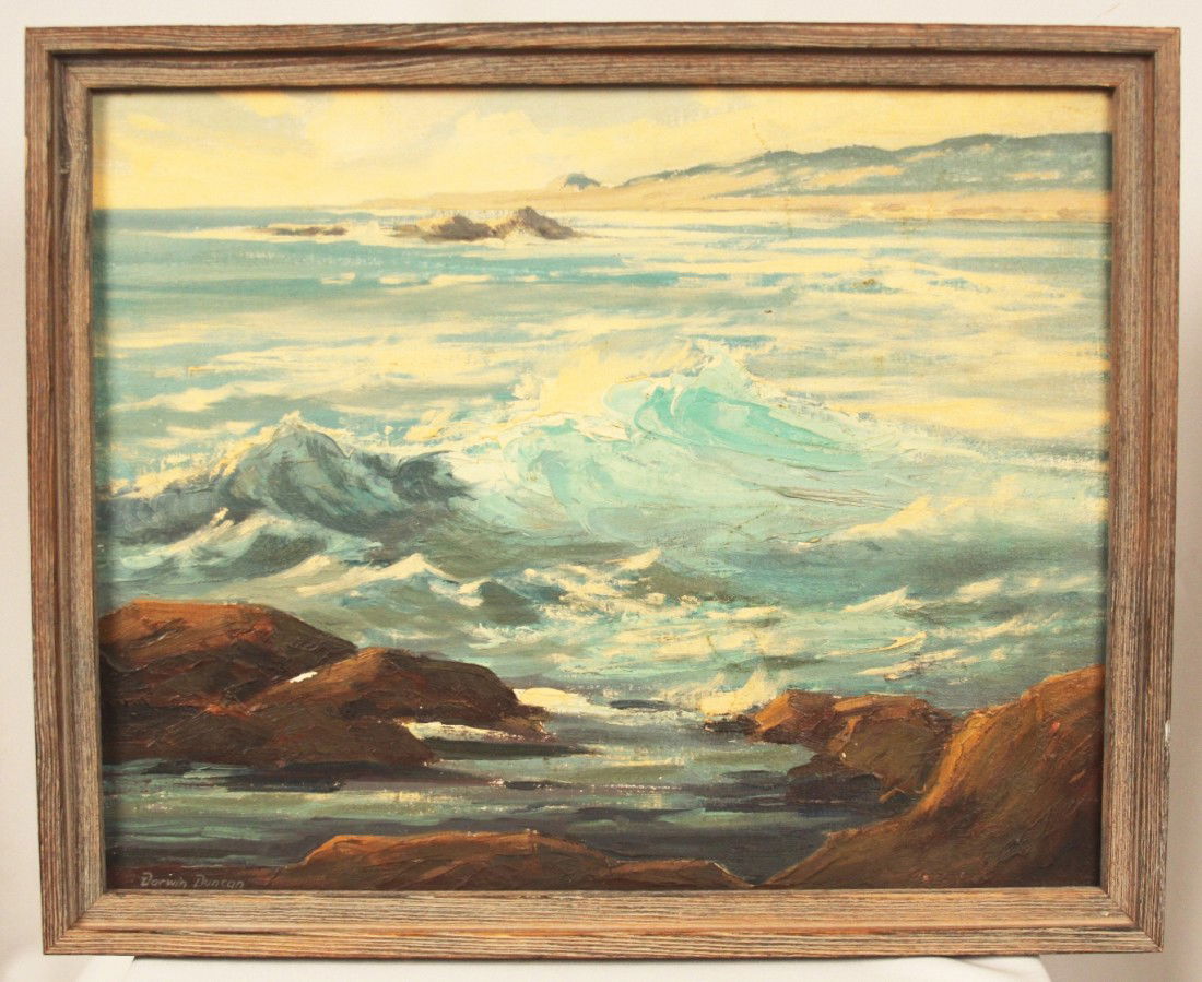 Original Oil by Darwin William Duncan "Seascape" ED1263: Original Oil by Darwin William Duncan Seascape" ED1263. Good Condition! PR106KN. This is an ORIGINAL oil by listed artist Darwin William Duncan (1905-2002). This panting, "Seascape", has the gallery l