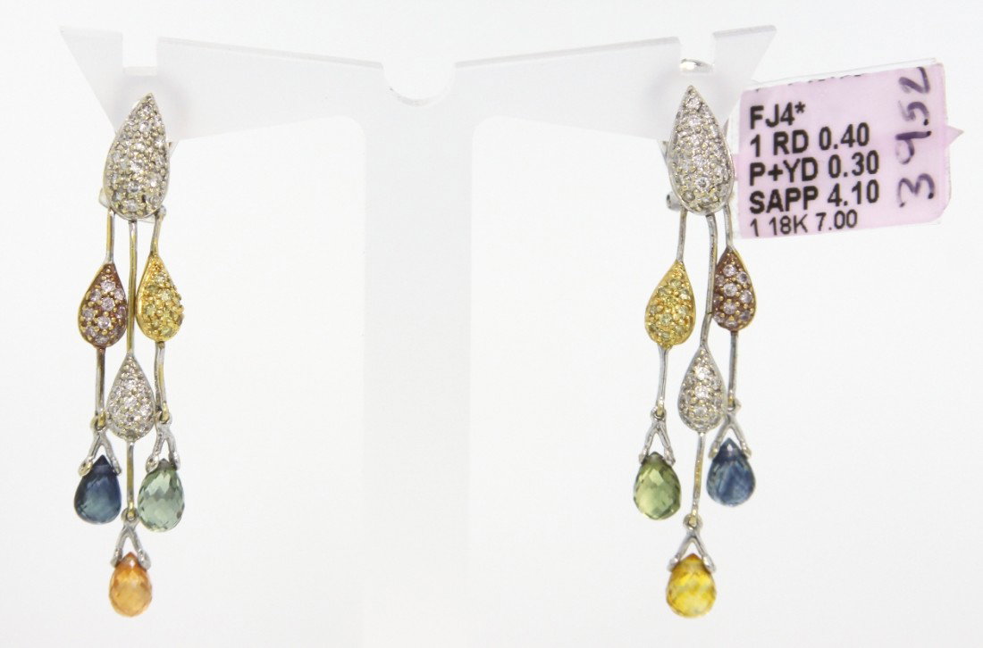 18KT White Gold Multi-Color Diamond and Sapphire Drop E: 18KT White Gold Multi-Color Diamond and Sapphire Drop Earrings FJM1064. Excellent Condition! UB423NK. One pair of 18KT white gold pink, yellow and white diamond and briollet colored sapphire dangle ea
