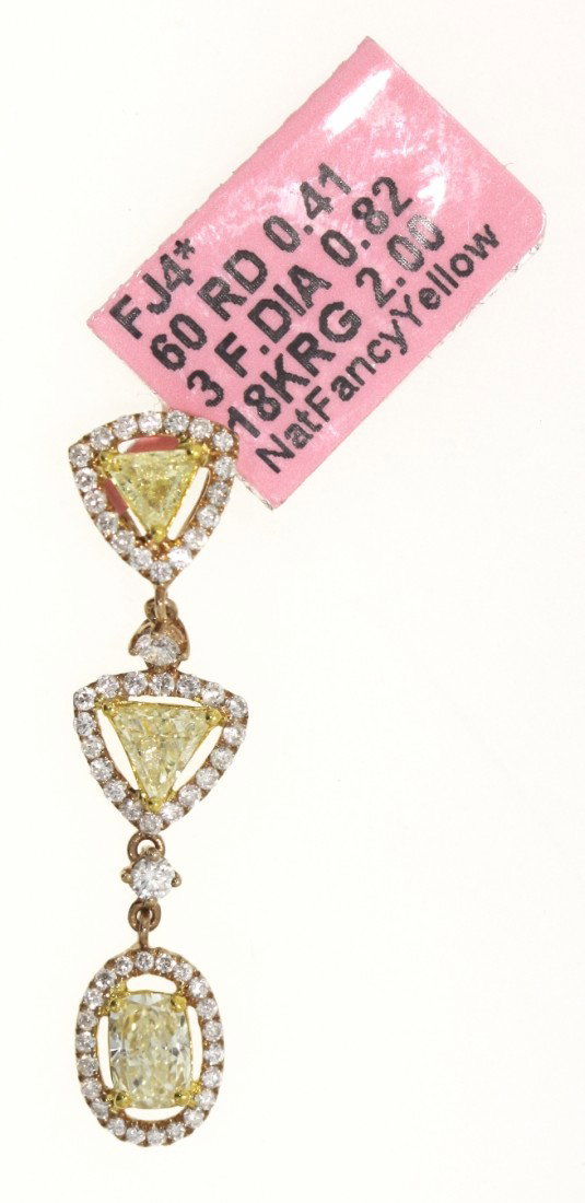 18KT Rose Gold Yellow and White Diamond Dangle Pendant : 18KT Rose Gold Yellow and White Diamond Dangle Pendant FJM987. Excellent Condition! WT919GM. One 18KT rose gold yellow and white diamond dangle pendant. Features 3 fancy yellow diamonds weighing a tot