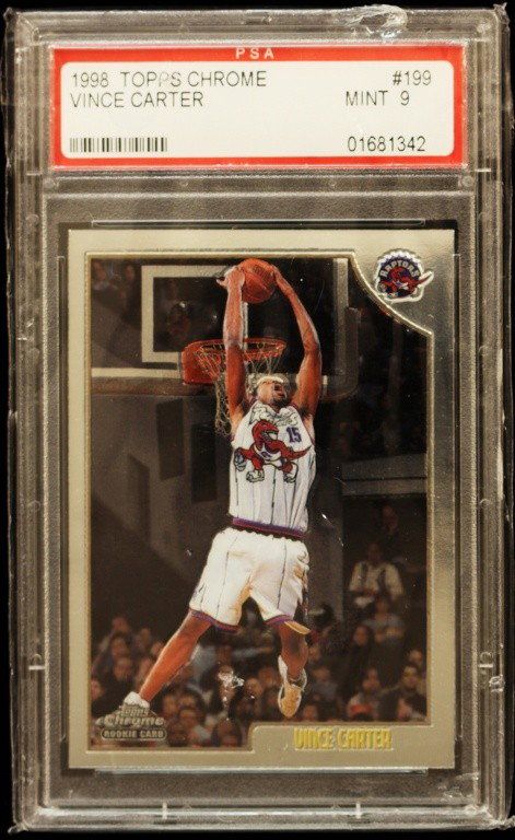 1998 Topps Chrome Vince Carter Rookie Card C227: 1998 Topps Chrome Vince Carter Rookie Card C227. As-Is Condition! PL12YL. One 1998 Topps Chrome Vince Carter Rookie Card #199. PSA Graded: 9. Team: Toronto Raptors. Thank you for viewing this lot. We 