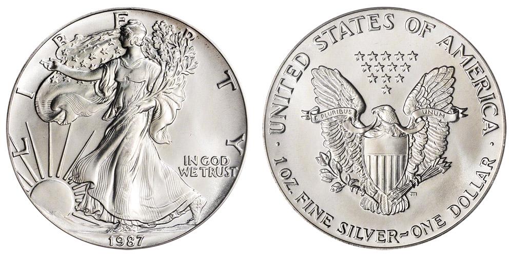 1987 American Silver Eagle .999 Fine Silver Dollar Coin: One 1987 American Silver Eagle .999 Fine Silver Dollar Coin.