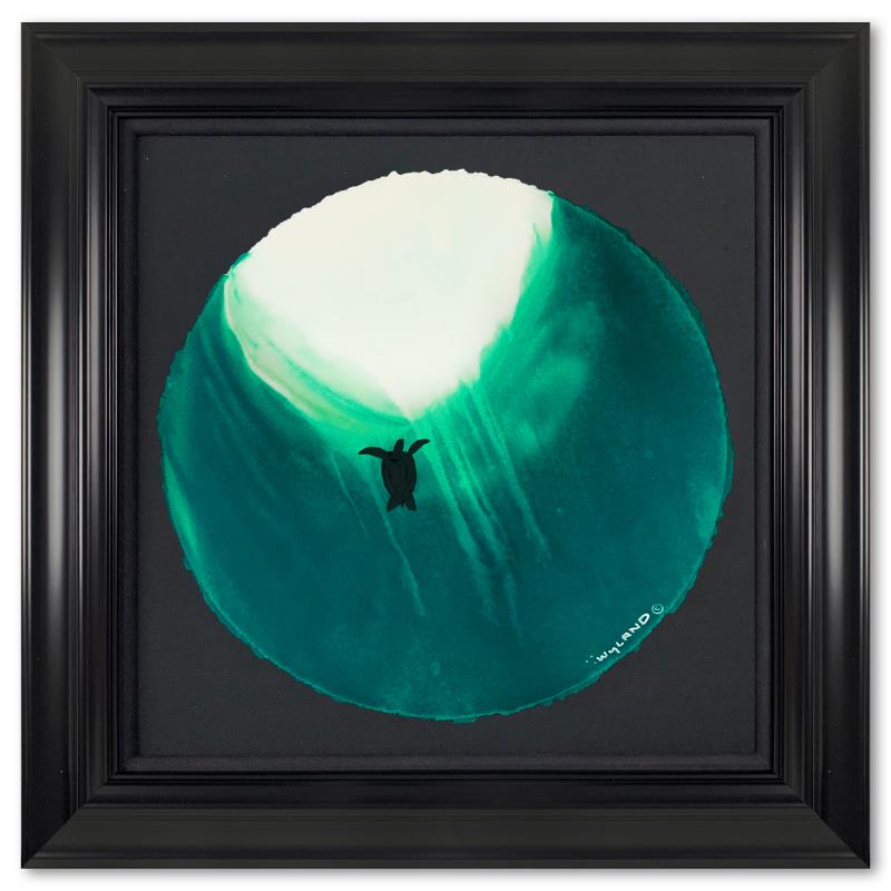 Sea Turtle surfacing by Wyland Original: "Sea Turtle surfacing" is an original painting, watercolor on deckle edge paper by Wyland. Hand signed by the artist, the piece comes custom framed and with a letter of authenticity. Measures approxim