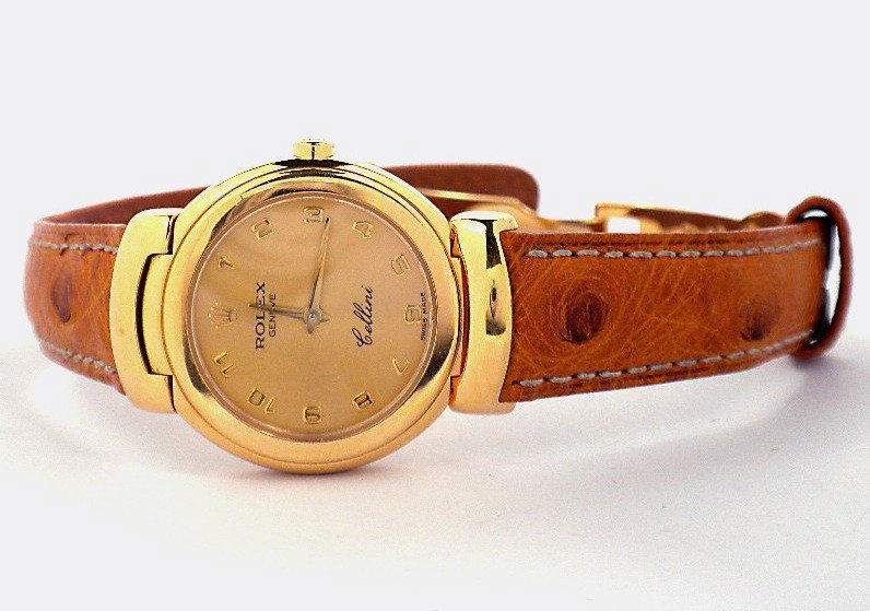 Ladies 18KT Gold Rolex Cellini Wristwatch A3676: Ladies 18KT Gold Rolex Cellini Wristwatch A3676. Great Condition! MB1562NB. One ladies, custom cast and assembled Rolex Cellini wristwatch, electronically tested 18KT yellow gold. Bezel: plished 18KT 